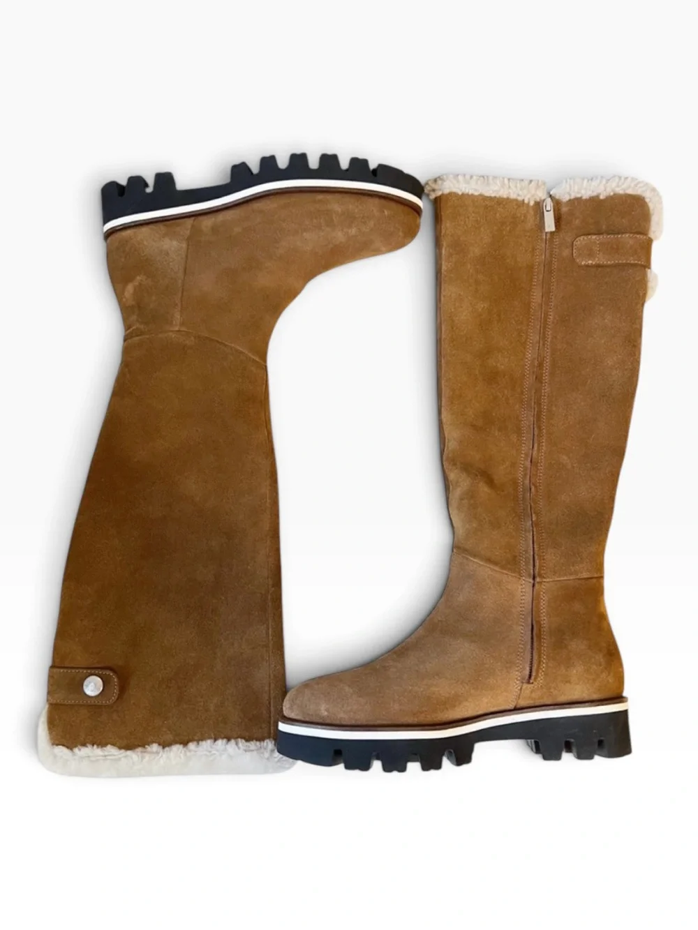 Aquatalia MYA Suede Waterproof Lug Sole Shearling Tall Boots Walnut Brown Size 7